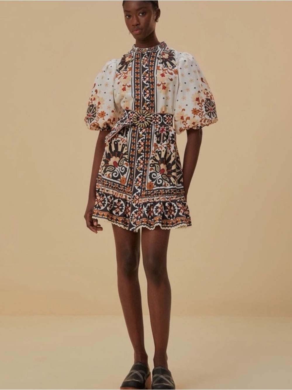 FARM Rio White Mini Dress with Black and Rust Floral Embroidery